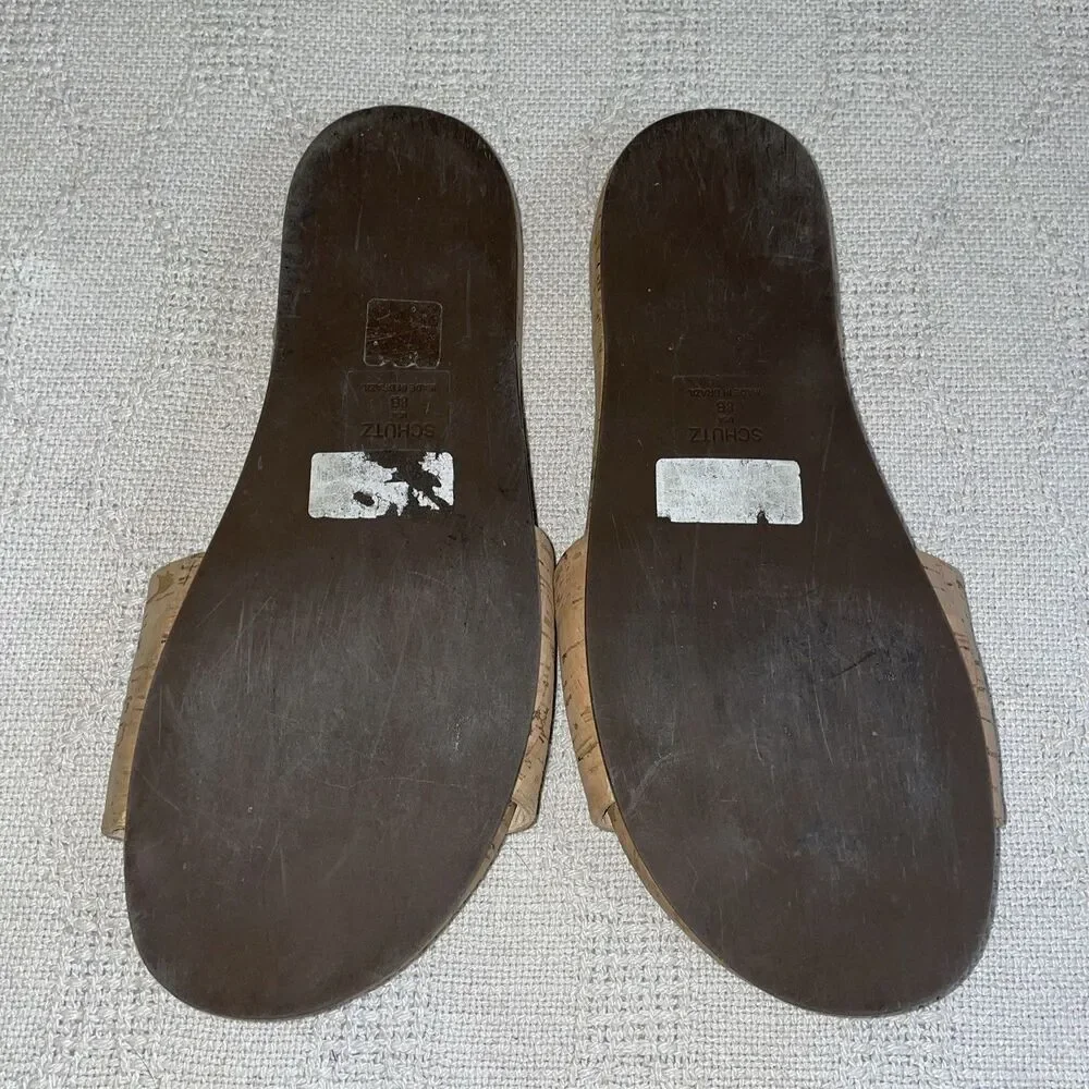 Schutz Women’s Slide Sandals Size 8 B Tan Cork Print Beach Cruise Island